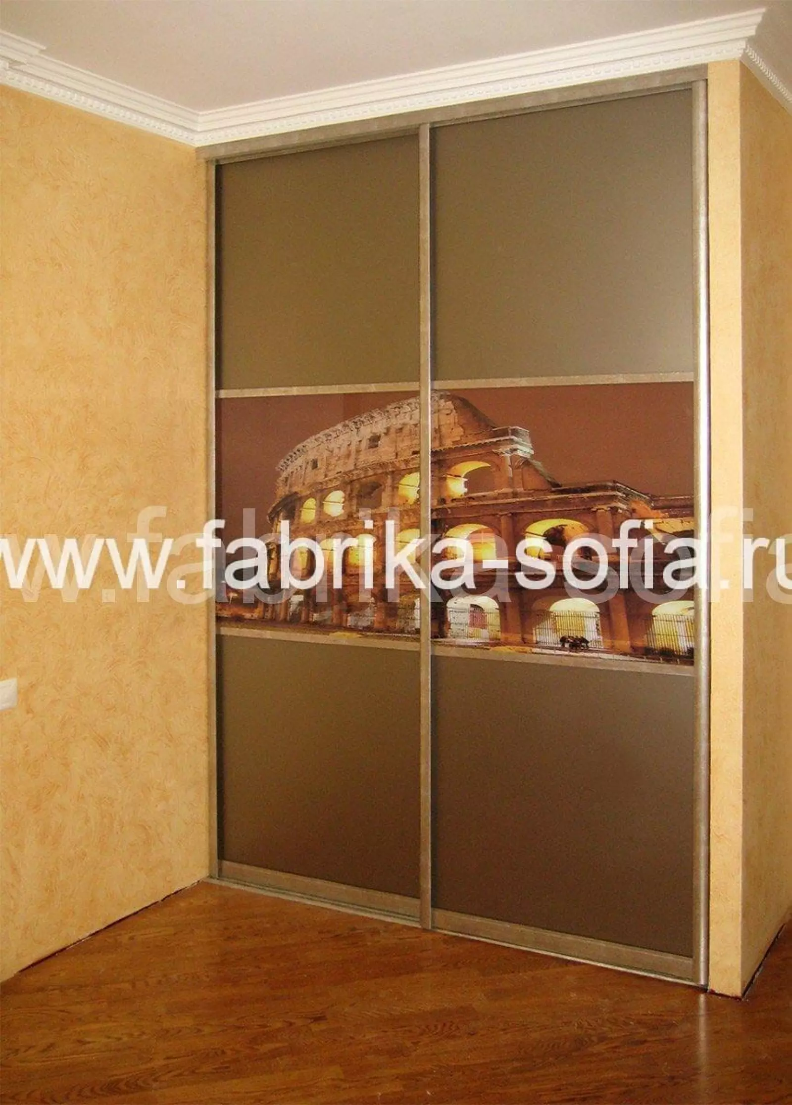 Встроенный шкаф-купе с матовыми фасадами и фотопечатью